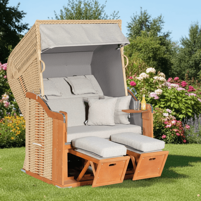 Strandkorb SunnySmart Rustikal 255 Plus mit bequemem PE-Geflecht in marone, ideal für Garten und Entspannung.