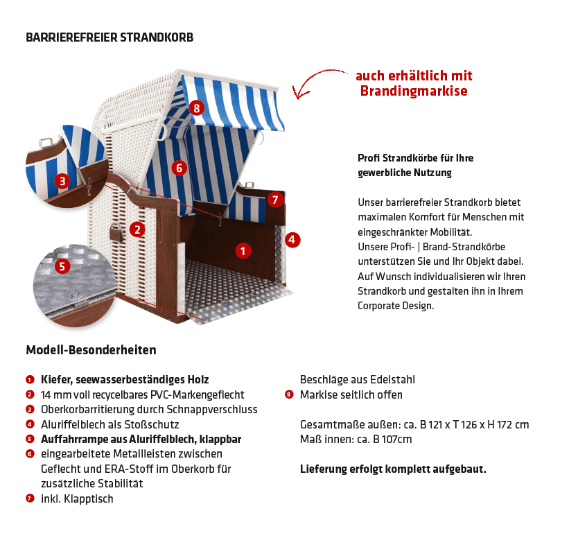 Barrierefreier Strandkorb für Rollstuhlfahrer mit stabiler Konstruktion und breitem Einstieg für optimalen Komfort.