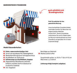 Barrierefreier Strandkorb für Rollstuhlfahrer mit stabiler Konstruktion und breitem Einstieg für optimalen Komfort.