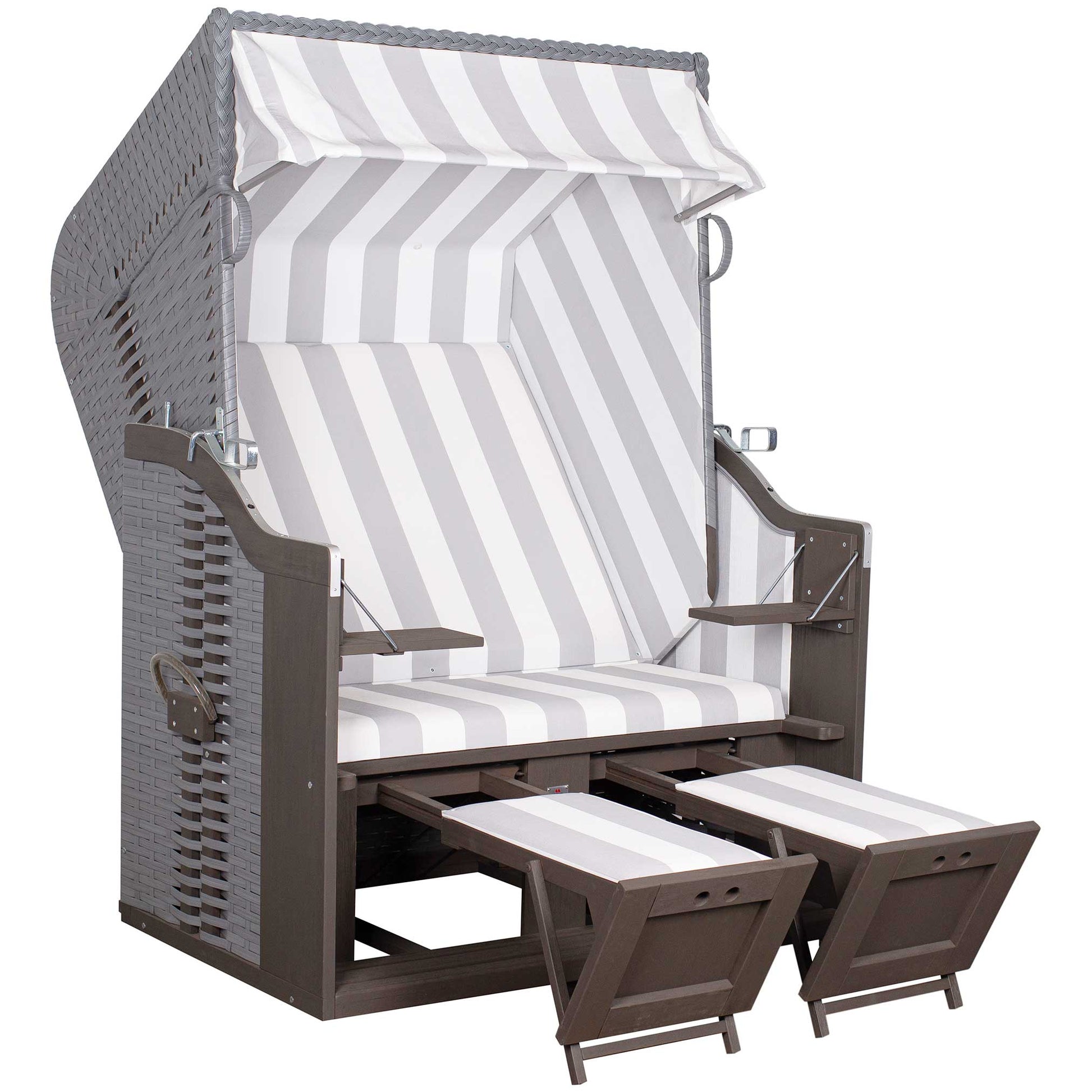 Strandkorb Trendy Profi Ostsee Fehmarn Mahagoni grey PE grey Dessin 989 mit grau-weiss gestreifter Polsterung und Fußstützen