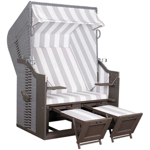 Strandkorb Trendy Profi Ostsee Fehmarn Mahagoni grey PE grey Dessin 989 mit grau-weiss gestreifter Polsterung und Fußstützen