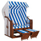 Strandkorb Trendy Profi Ostsee Fehmarn aus Mahagoni mit blau-weiss gestreiftem Dessin 991 und weissem PE-Geflecht