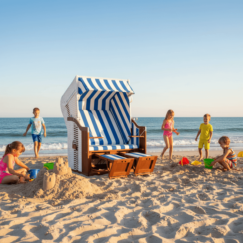 Strandkorb Trendy Profi Ostsee Fehmarn aus Mahagoni am Strand, Kinder spielen im Sand vor der Ostsee