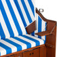 Strandkorb Profi Ostsee Poel Mahagoniholz mit blau-weiss gestreifter PVC-Polsterung und klappbarer Seitenablage, Detailansicht