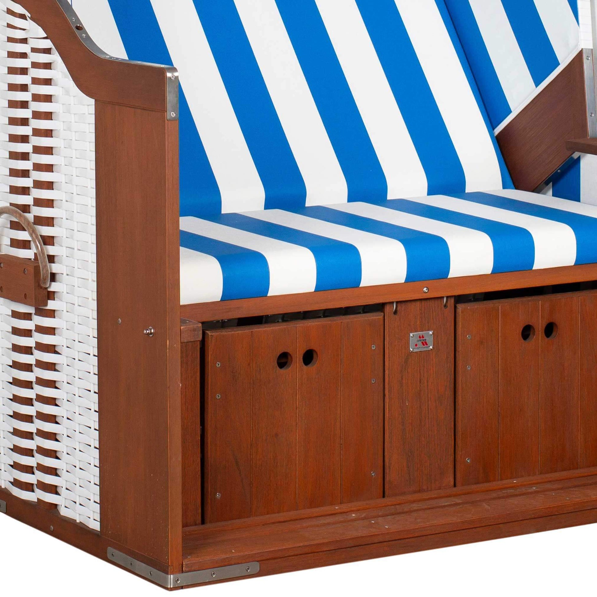 Strandkorb Profi Ostsee Poel aus Mahagoniholz mit blau-weiss gestreifter Festpolsterung und PVC-Geflecht, Detail Unterteil
