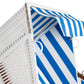 Strandkorb Profi Ostsee Poel aus Mahagoniholz mit weißem PVC-Geflecht und blau-weißen Streifen, Detailansicht Verdeck und Seitenteil