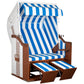 Strandkorb Profi Ostsee Poel aus Mahagoniholz mit blau-weiss gestreiftem PVC-Geflecht und ausklappbaren Fußstützen