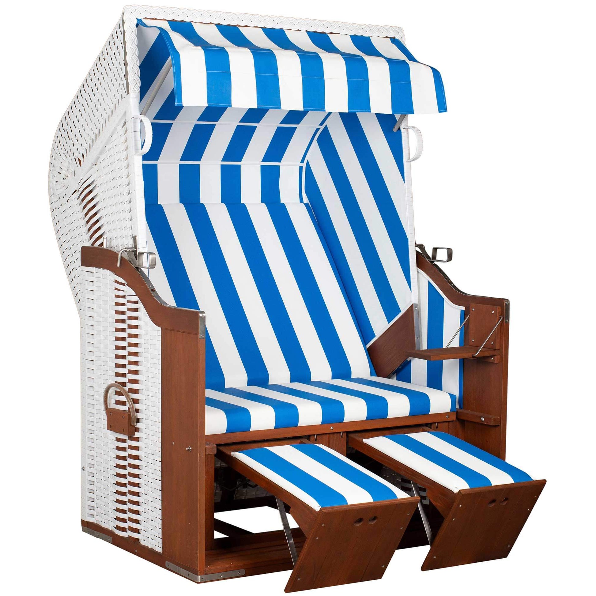 Strandkorb Profi Ostsee Poel aus Mahagoniholz mit blau-weiss gestreiftem PVC-Geflecht und ausklappbaren Fußstützen