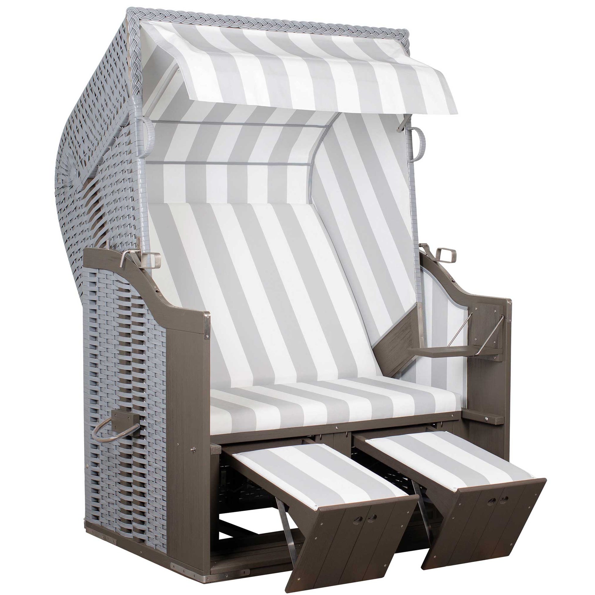 Strandkorb Profi Ostsee Poel aus grau lasiertem Mahagoniholz mit PVC-Geflecht und grau-weiß gestreifter Polsterung, Halbliegemodell