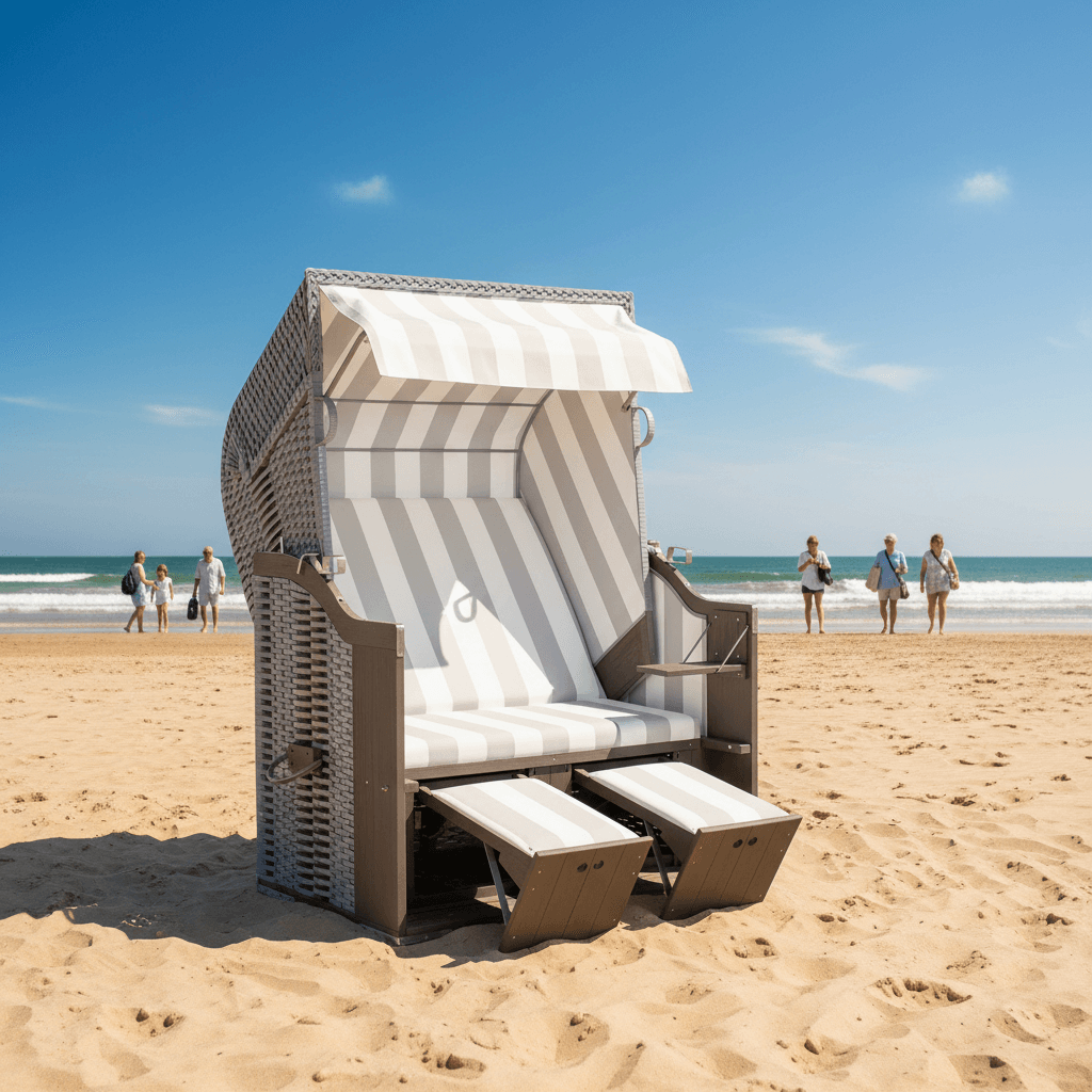 Strandkorb Profi Ostsee Poel aus Mahagoniholz grau lasiert mit PVC Grau Des. 989 am sonnigen Sandstrand mit Blick aufs Meer