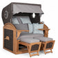 Strandkorb Trendy PURE Talland Teak mit Bullaugen, PE stone grey, Dessin 165 hellgrau blau gemustert, luxuriöser Volllieger