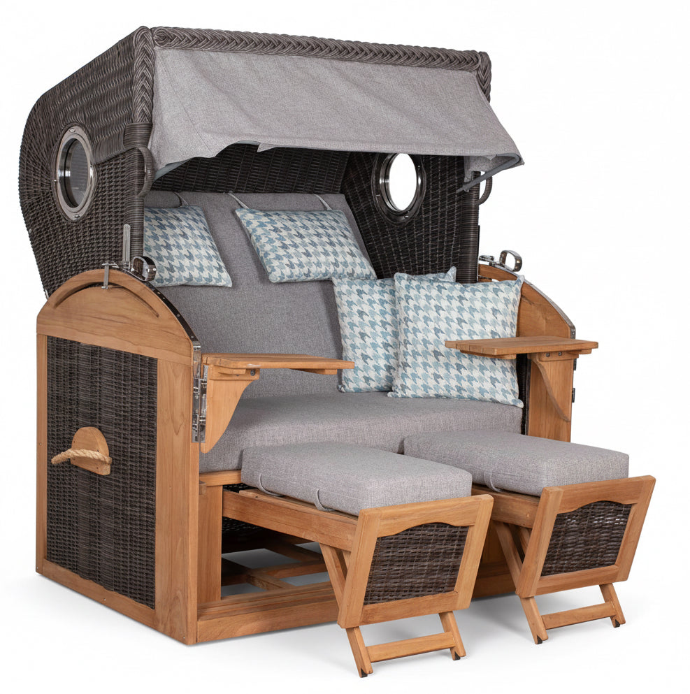 Strandkorb Trendy PURE Talland Teak mit Bullaugen, PE stone grey, Dessin 165 hellgrau blau gemustert, luxuriöser Volllieger
