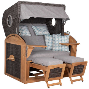 Strandkorb Trendy PURE Talland Teak Bullaugen PE stone grey Dessin 165 hellgrau blau gemustert als aufgebauter Volllieger
