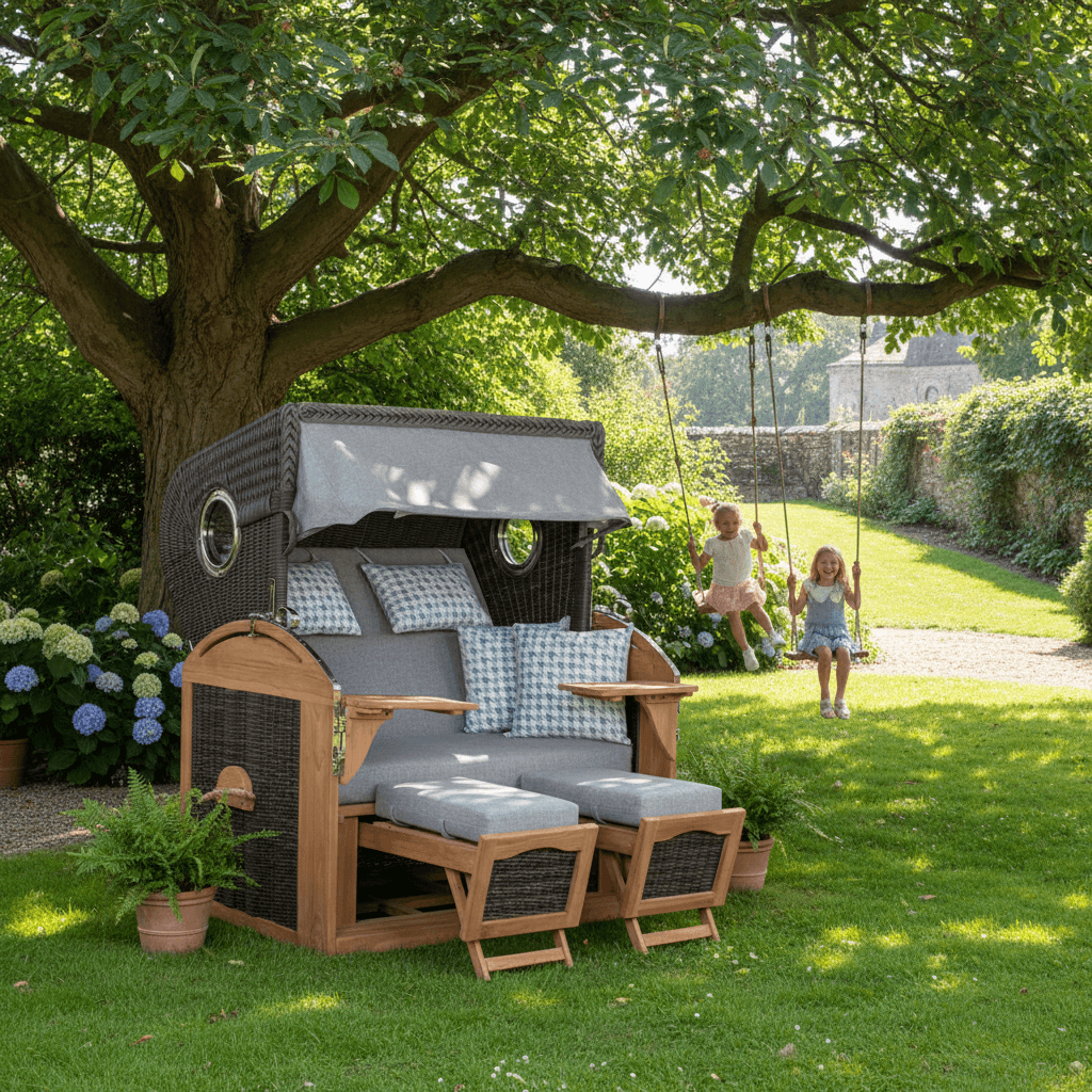 Strandkorb Trendy PURE Talland Teak Bullaugen in steingrau mit Kinder auf Schaukeln im Garten, Dessin 165.