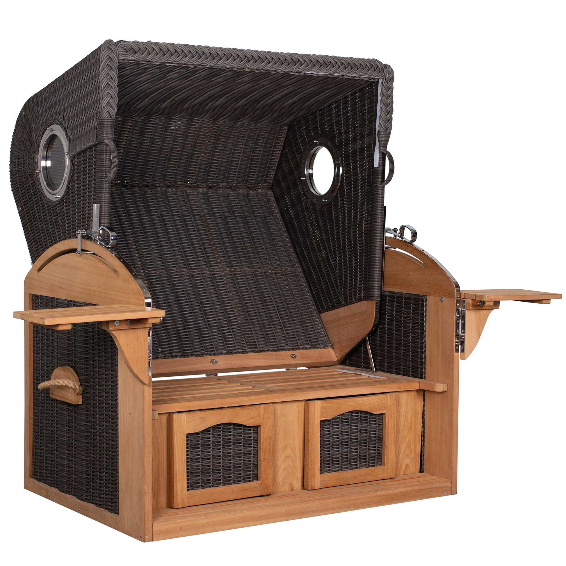 Strandkorb Trendy PURE Talland Teak mit Bullaugen aus PE-Geflecht stone grey, Modell Volllieger ohne Polster, aufgebaut freigestellt