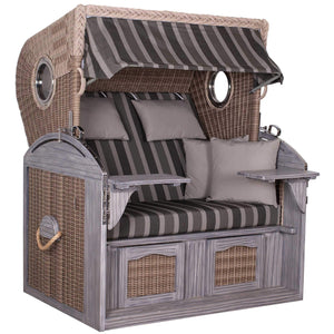 Strandkorb Trendy PURE Talland Bullaugen PE white kubu Dessin 492 als komfortabler Volllieger mit grau-gestreifter Polsterung