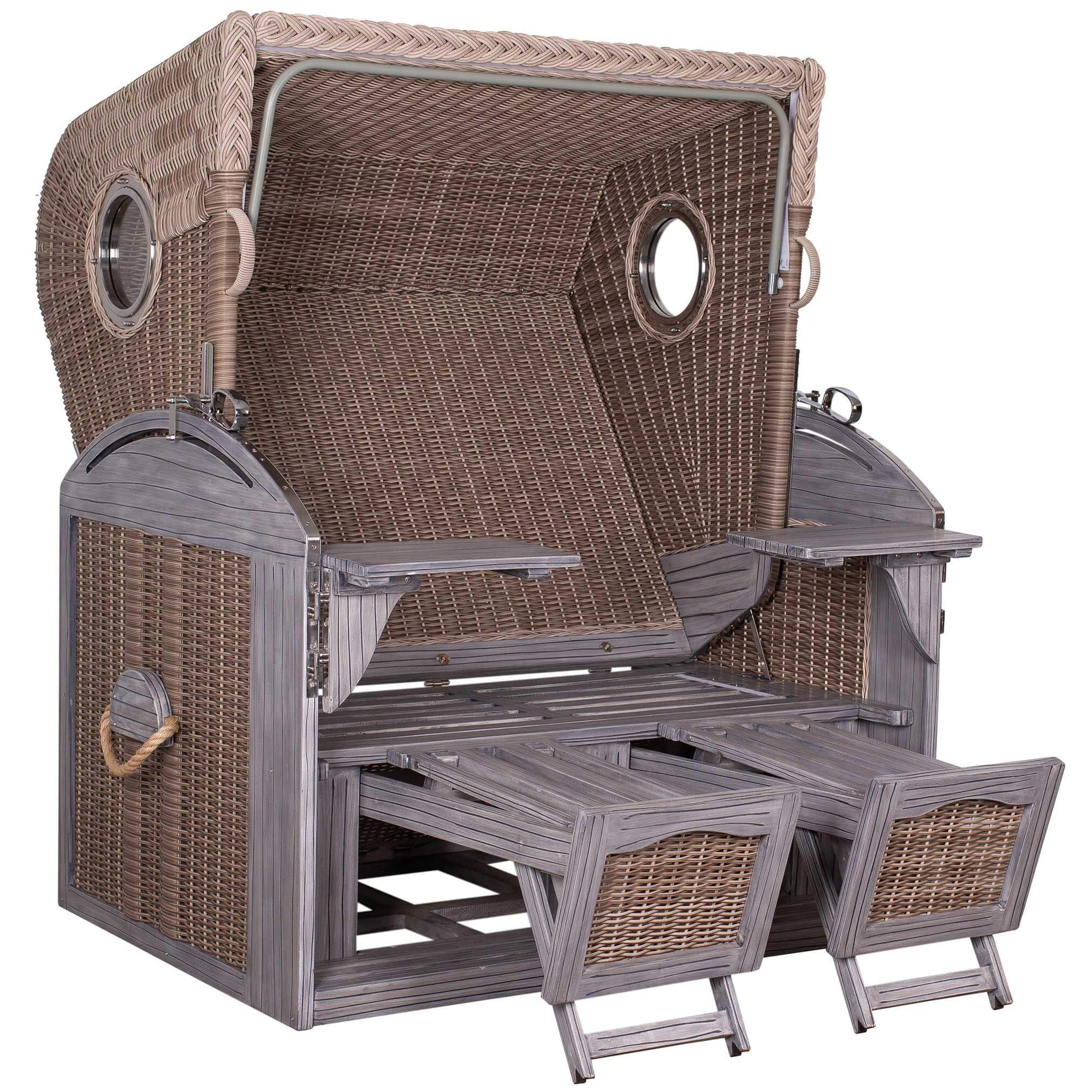 Strandkorb Trendy PURE Talland Bullaugen PE white kubu Dessin 492 als XL Volllieger mit ausziehbaren Fußstützen