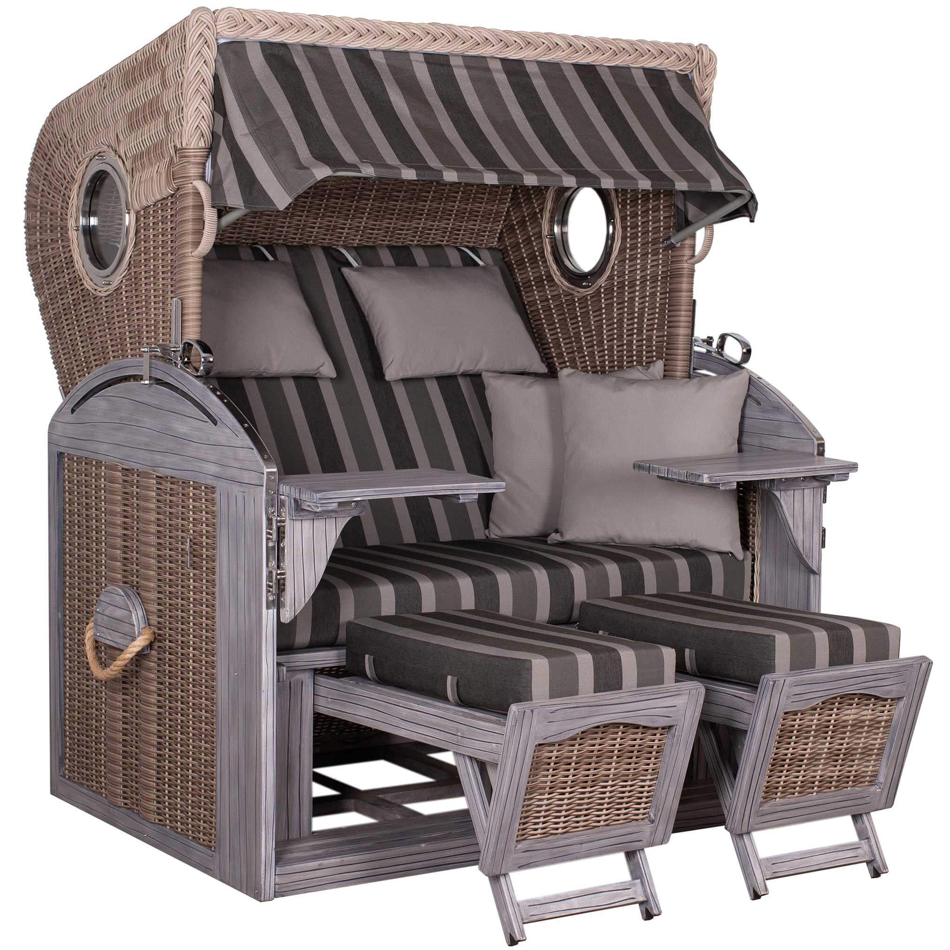 Strandkorb Trendy PURE Talland Bullaugen PE white kubu Dessin 492 als komfortabler Volllieger mit grau gestreifter Polsterung