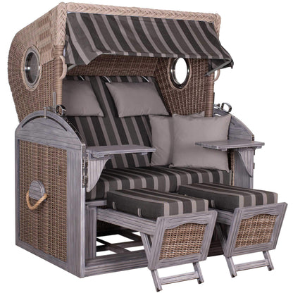 Strandkorb Trendy PURE Talland Bullaugen PE white kubu Dessin 492 als komfortabler Volllieger mit grau gestreifter Polsterung