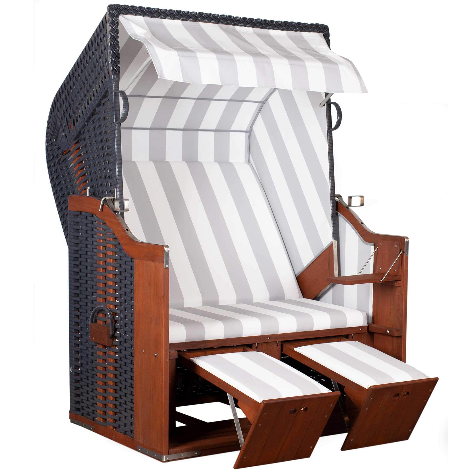 Strandkorb Profi Ostsee Poel aus Mahagoniholz mit PVC-Geflecht anthrazit und grau-weißer Festpolsterung, 2-Sitzer Halblieger