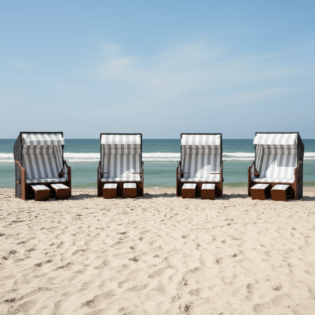 Strandkorb Profi Ostsee Poel aus Mahagoniholz mit PVC anthrazit Des. 989, 2-Sitzer Halbliegemodell am Strand vor dem Meer