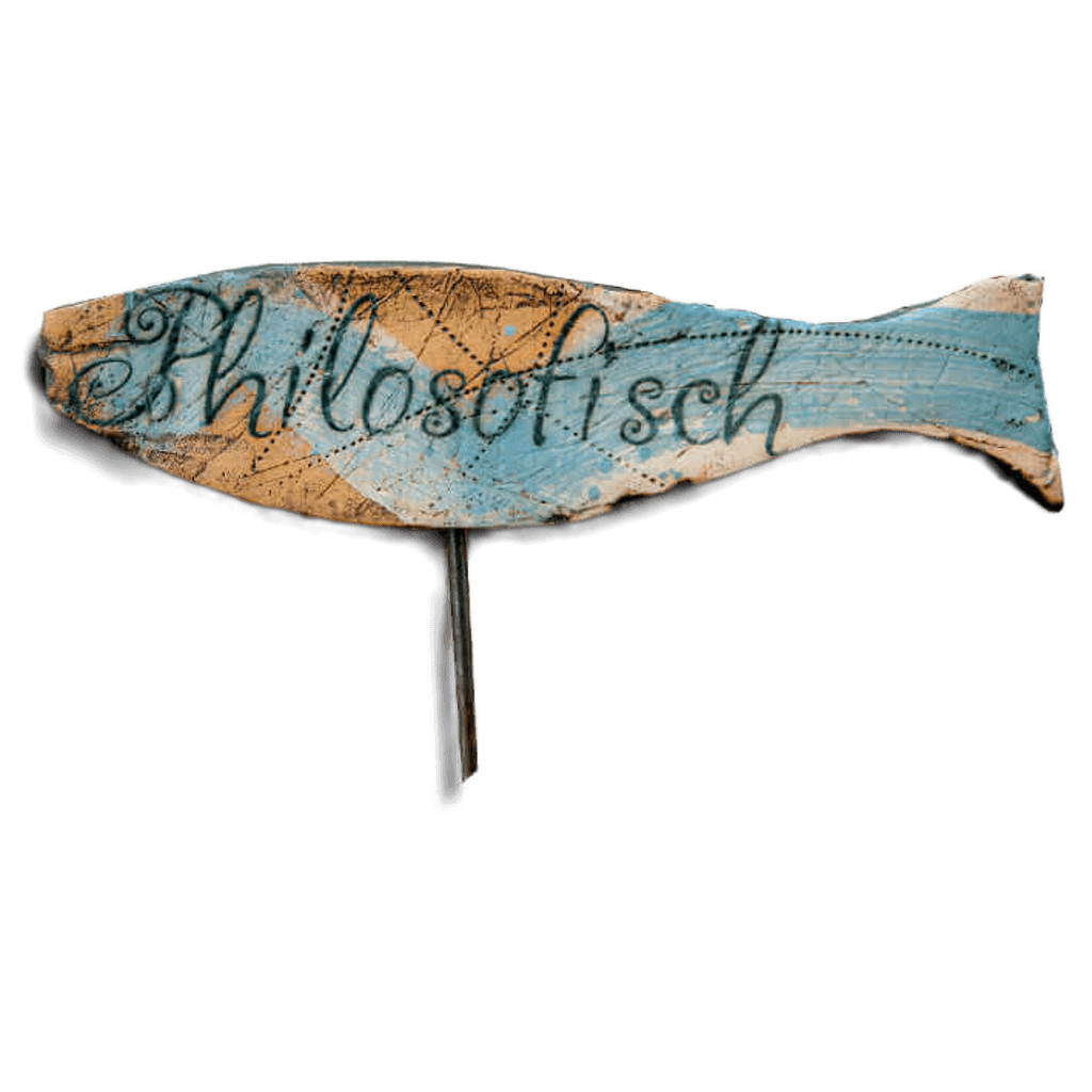 Keramik Gartenstecker Fisch mit Schriftzug Philosofisch, frostsicherer Deko Fisch auf Eisenstab für Garten und Terrasse