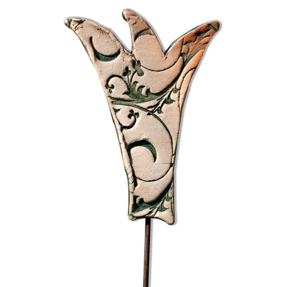 Keramik-Blüte mit 2 Seiten als Gartendeko auf Eisenstab, dekorative Blüte für Buchsbaum und Staudenbeet