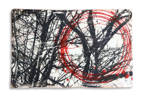 Küchenfliese 2403 mit abstrakten schwarzen Zweigen und rotem Kreis, dekorative Keramikfliese 20 x 30 cm für moderne Küche