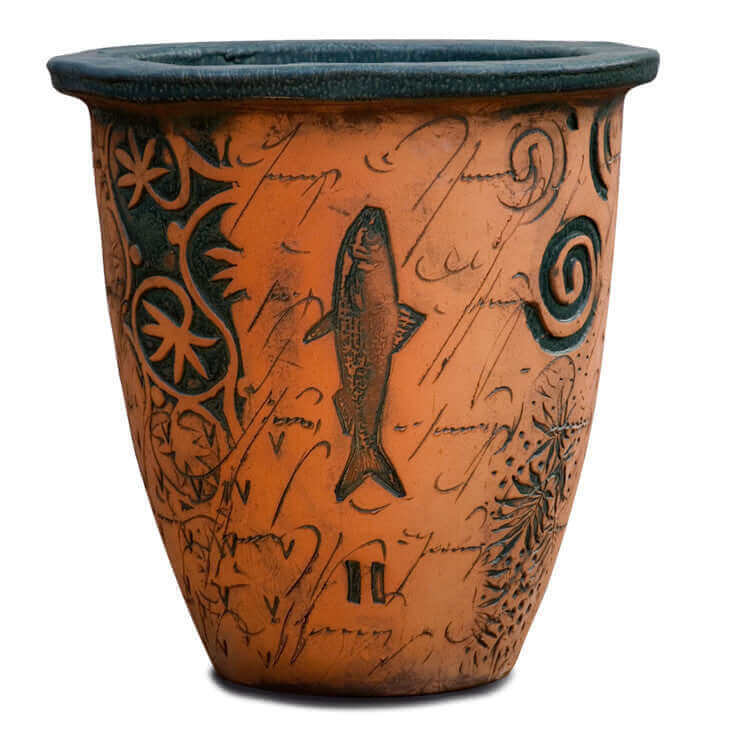 3005 Gartentopf Kräutertopf H 14 cm L 32 cm B 18 cm frostsicher mit dekorativem Fisch- und Musterrelief für Garten und Balkon