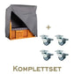 Strandkorb Schleswig mit einem kompletten Set aus vier Rollen und grauem Abdeckmaterial für optimalen Schutz.