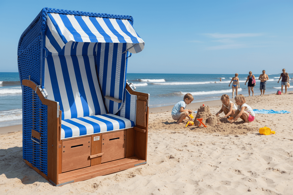 Strandkorb 2-Sitzer blau weiss am Sandstrand vor dem Meer, idealer Strandkorb für Familienurlaub und Sonnenschutz am Wasser