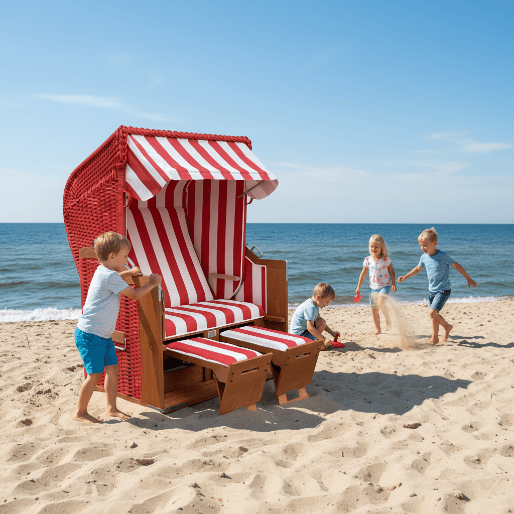 Strandkorb Eggers Standard PVC rot mit rot-weißem Dessin E18 am Strand, Kinder spielen im Sand vor der Ostsee