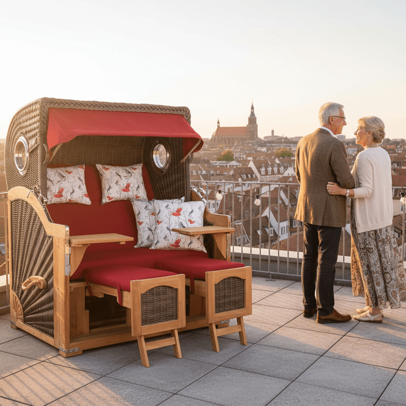Strandkorb deVries PURE Seemöwe Teak PE stone grey auf Dachterrasse mit älterem Paar und Stadtblick bei Sonnenuntergang