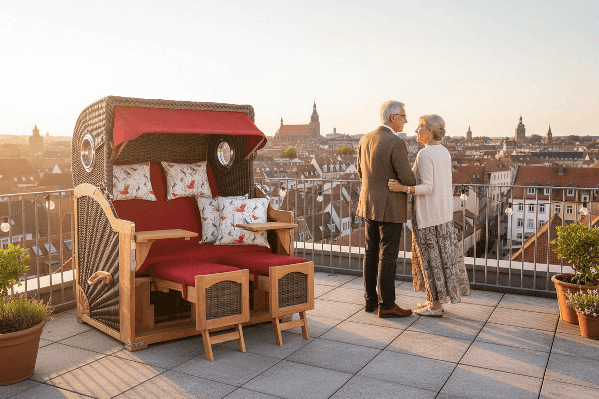Strandkorb deVries PURE Seemöwe Teak PE stone grey Dessin 107 auf Dachterrasse mit Ausblick über die Stadt bei Sonnenuntergang