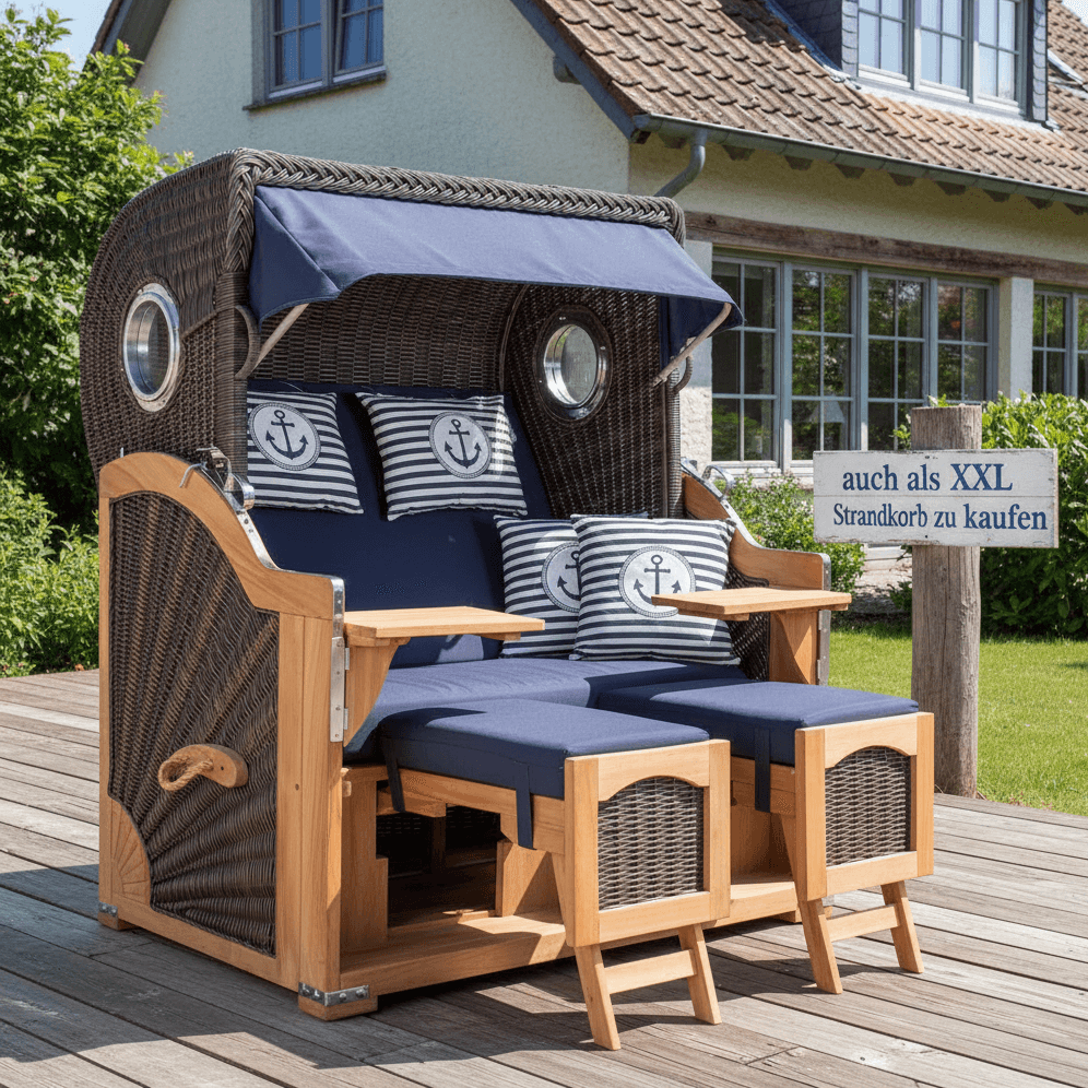 Strandkorb deVries PURE Seemöwe Teak PE stone grey mit Bullaugen, Dessin 198, auf Terrasse vor Haus, auch als XXL Strandkorb erhältlich