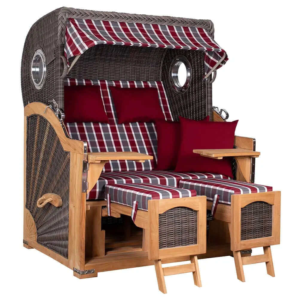 Strandkorb deVries PURE Seemöwe Teak PE stone grey Dessin 230 mit Bullaugen, verstellbaren Fußstützen und Markengeflecht