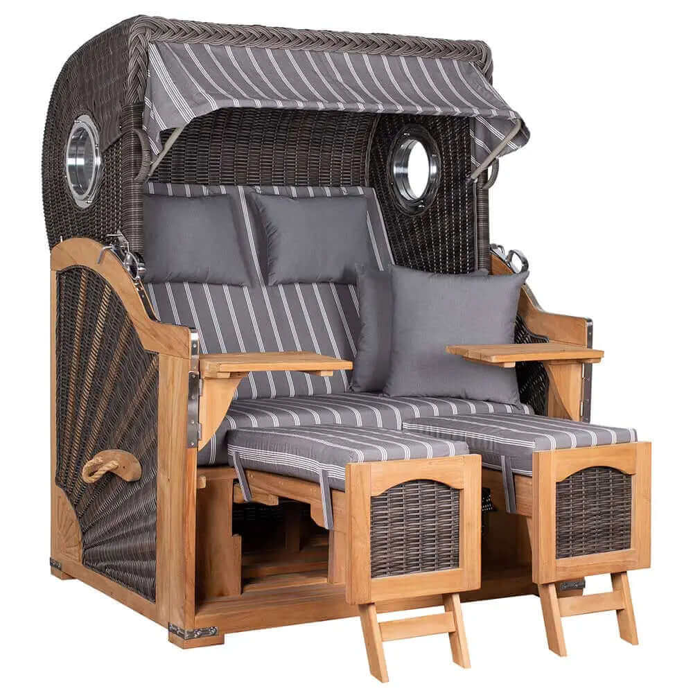 Strandkorb deVries PURE Seemöwe Teak PE stone grey Dessin 235 mit Bullaugen und Fußstützen in Größe XXL