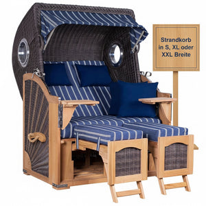 Strandkorb deVries PURE Seemöwe Teak PE stone grey Dessin 236 mit Bullaugen, Fußstützen und blau gestreifter Polsterung in Größe XL