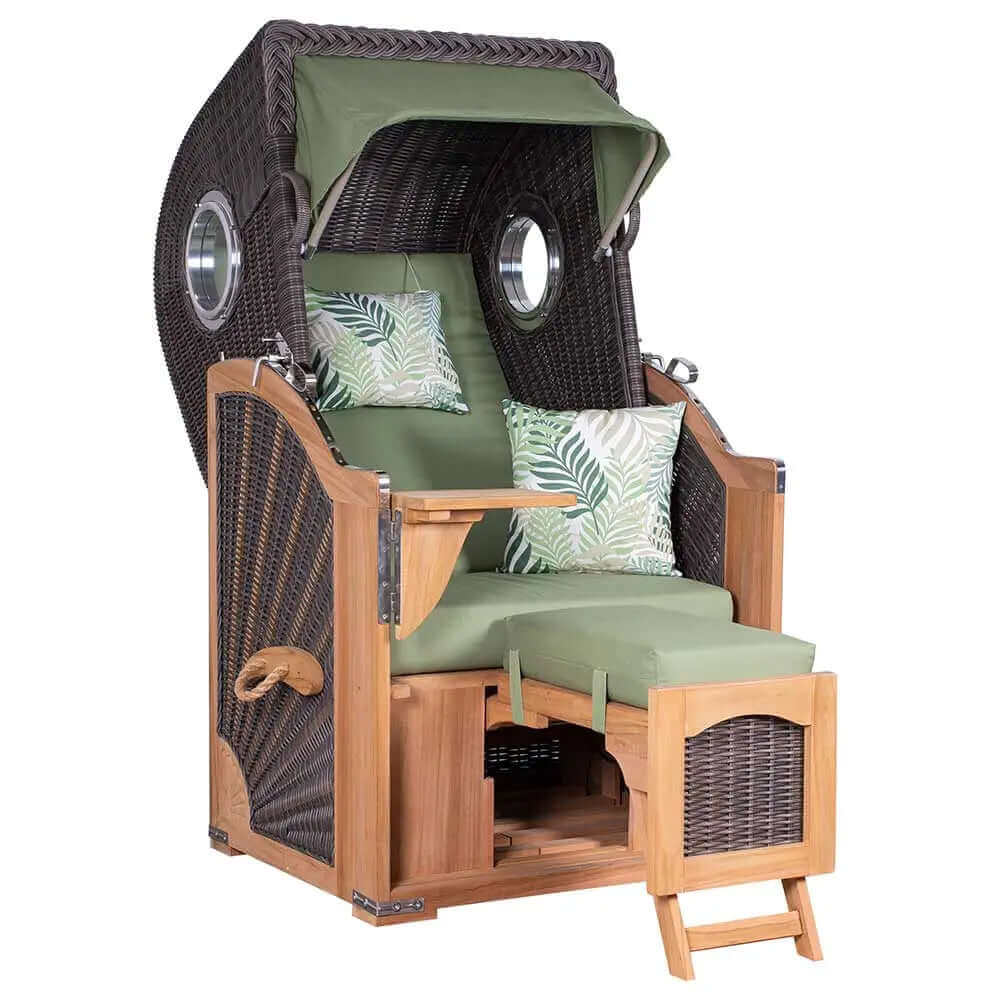 Strandkorb deVries PURE Seemöwe Teak PE stone grey mit Bullaugen und grünen Polstern, Modell Dessin 242, Größe wählbar