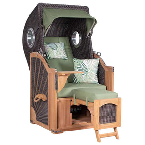 Strandkorb deVries PURE Seemöwe Teak PE stone grey mit Bullaugen und grünen Polstern, Modell Dessin 242, Größe wählbar