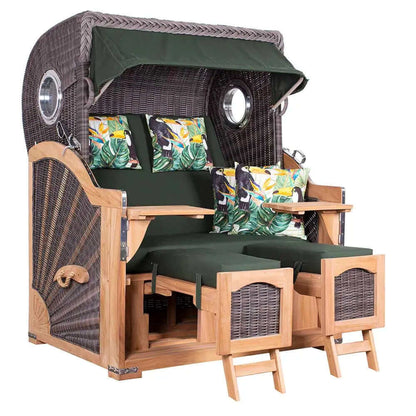 Strandkorb deVries PURE Seemöwe Teak PE stone grey Dessin 244 mit Bullaugen und grünen Polstern, in Größen S, XL und XXL