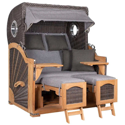 Strandkorb deVries PURE Seemöwe Teak PE stone grey mit Bullaugen und verstellbaren Fußstützen in 3 Größen, Dessin 466