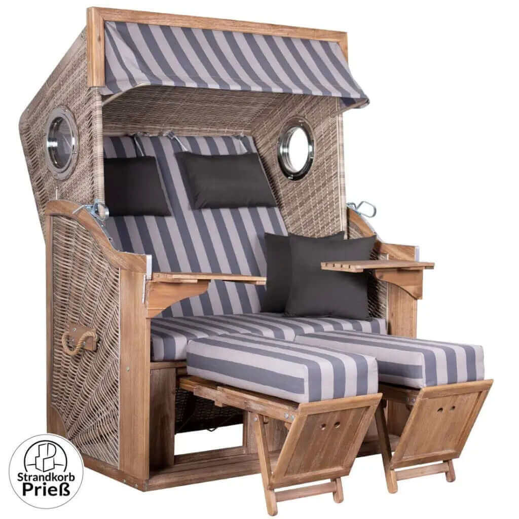 Strandkorb Trendy PURE Greenline 135 XL Bullaugen PE antique white Dessin 755 mit Fußstützen und grauen Streifenpolstern