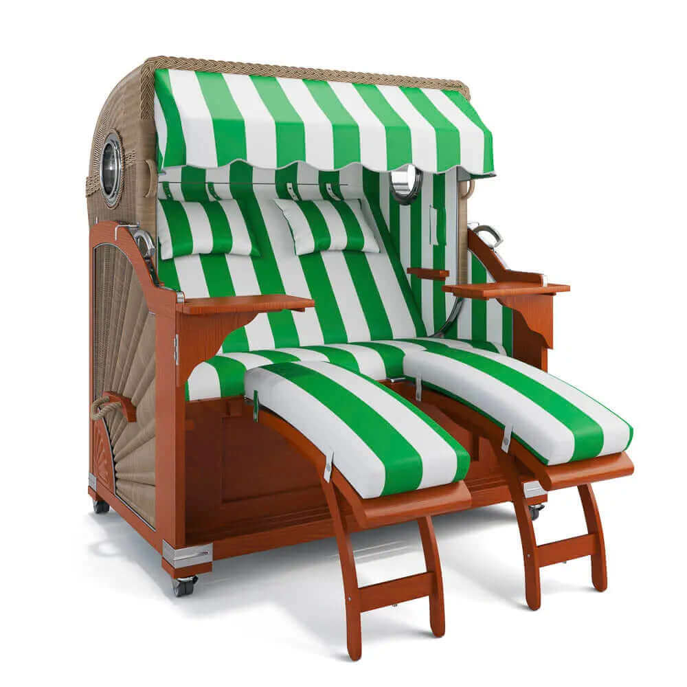 Strandkorb Kampen Mahagoni 145 cm Rattangeflecht Dessin PVC Blockstreifen abwaschbar 40026 - Strandkorb Fachhandel Prieß