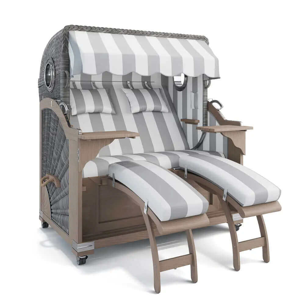 Strandkorb Kampen Teak Vintage Bullauge, Dessin PVC Blockstreifen abwaschbar 40008 - Strandkorb Fachhandel Prieß