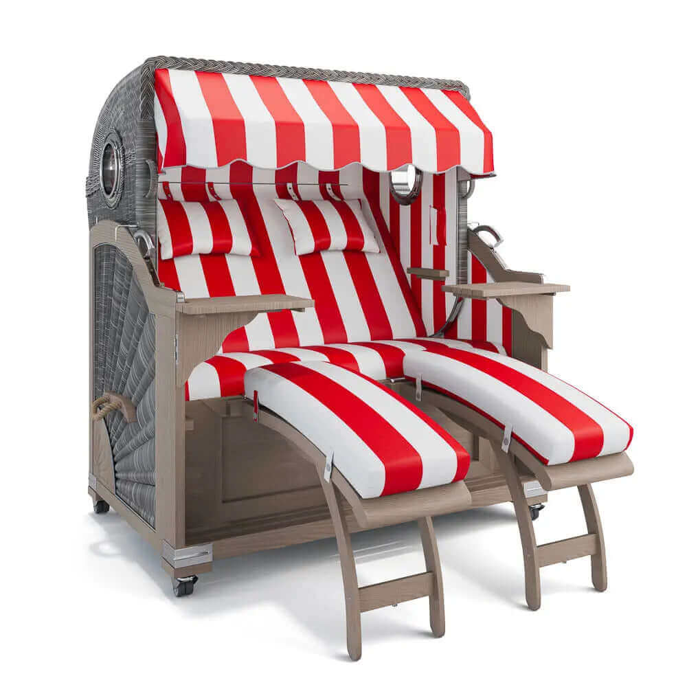 Strandkorb Kampen Teak Vintage Bullauge, Dessin PVC Blockstreifen abwaschbar 40003 - Strandkorb Fachhandel Prieß