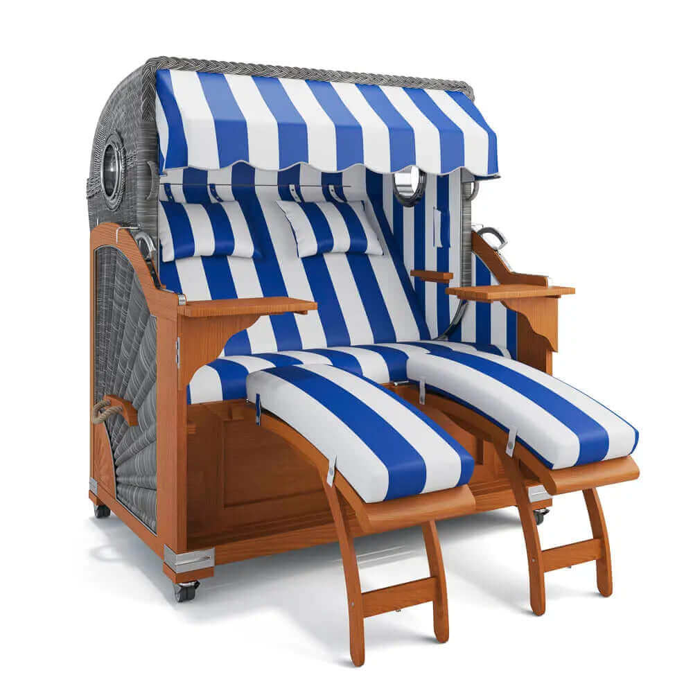 Strandkorb Kampen Teak 145 cm Rattangeflecht Dessin PVC Blockstreifen abwaschbar 40025 - Strandkorb Fachhandel Prieß