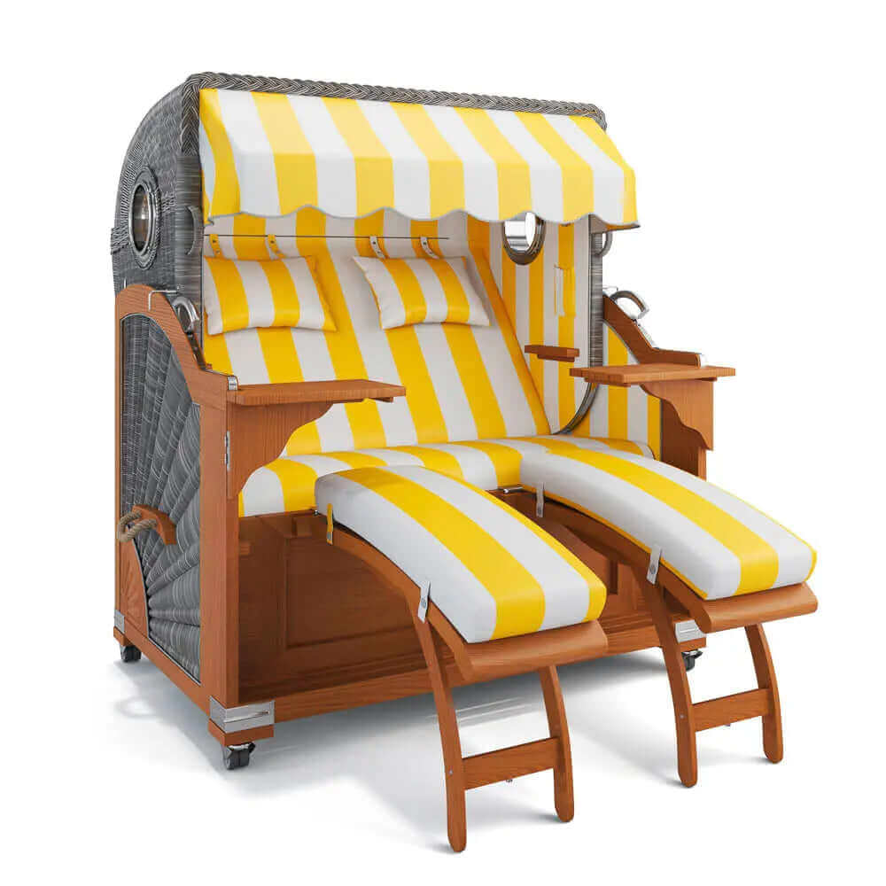 Strandkorb Kampen Teak 145 cm Rattangeflecht Dessin PVC Blockstreifen abwaschbar 40001 - Strandkorb Fachhandel Prieß