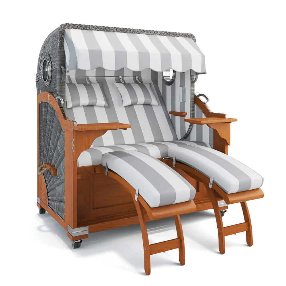 Strandkorb Kampen Teak 145 cm Rattangeflecht Dessin PVC Blockstreifen abwaschbar 40008 - Strandkorb Fachhandel Prieß