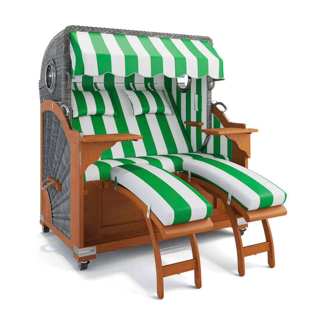 Strandkorb Kampen Teak 145 cm Rattangeflecht Dessin PVC Blockstreifen abwaschbar 40026 - Strandkorb Fachhandel Prieß